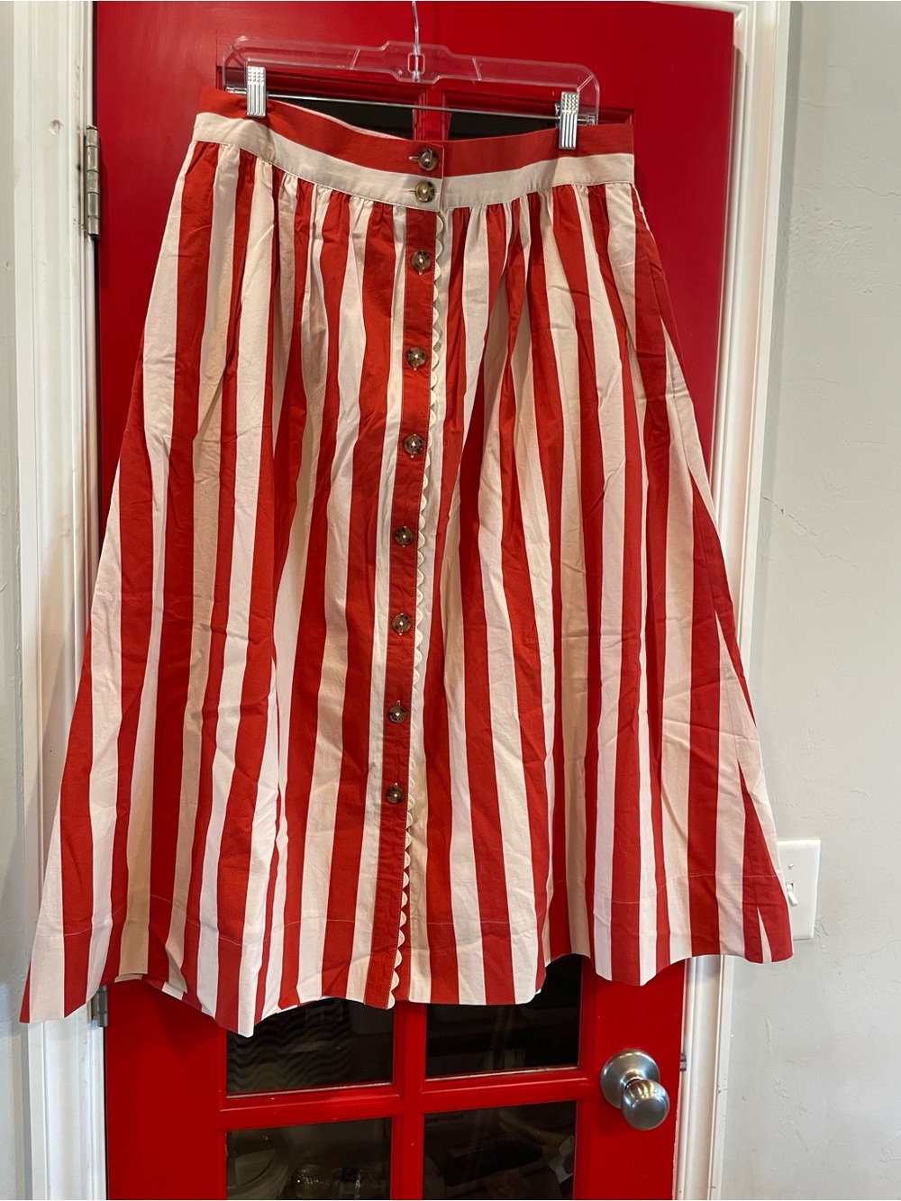 Wyse London. Striped Scalloped Button-Front Red and Cream A-Line Midi Skirt